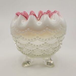 Vintage Northwood Opalescent Hobnail Rose Bowl Pink Ruffled Edge Four Footed